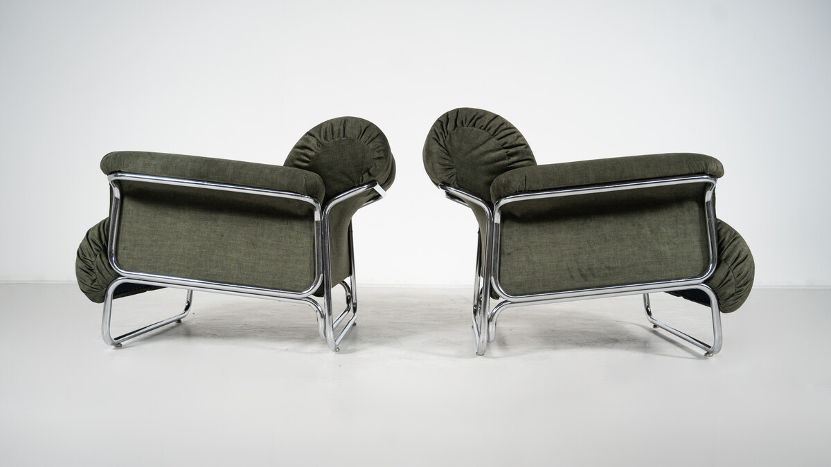 Mid-Century Modern Pair of Armchairs, Chrome and Green Fabric, 1970s