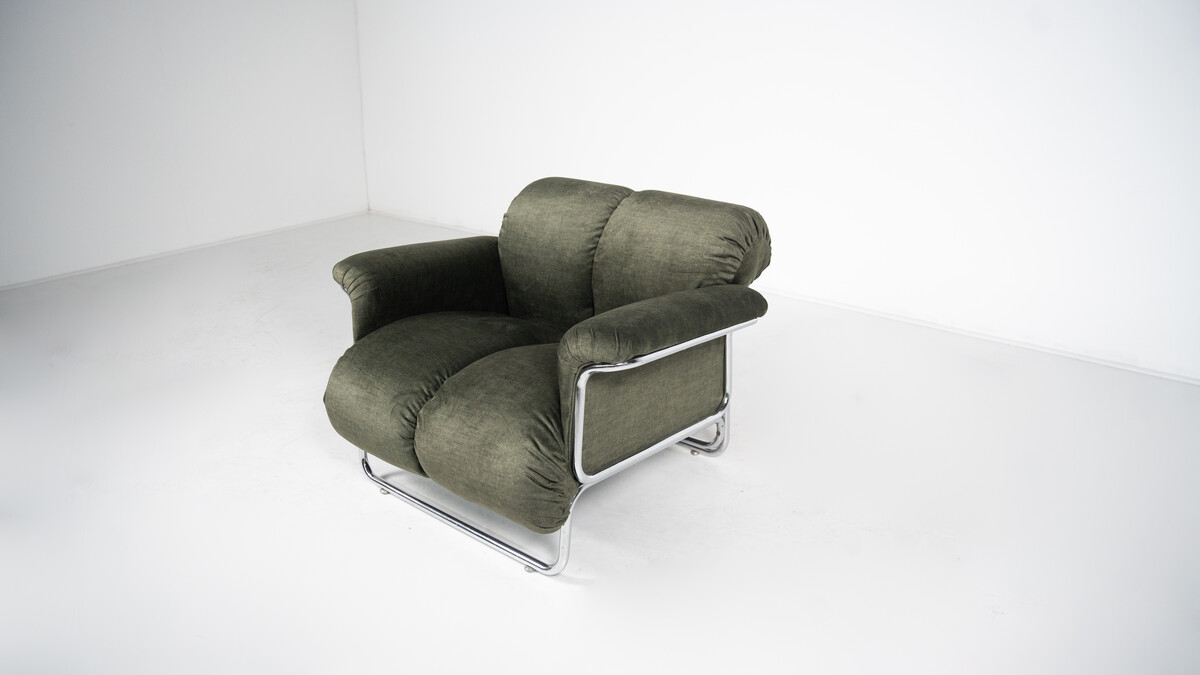 Mid-Century Modern Pair of Armchairs, Chrome and Green Fabric, 1970s