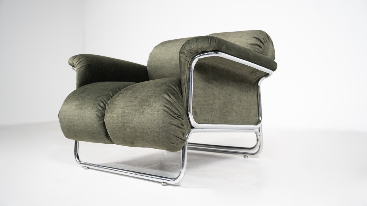 Mid-Century Modern Pair of Armchairs, Chrome and Green Fabric, 1970s