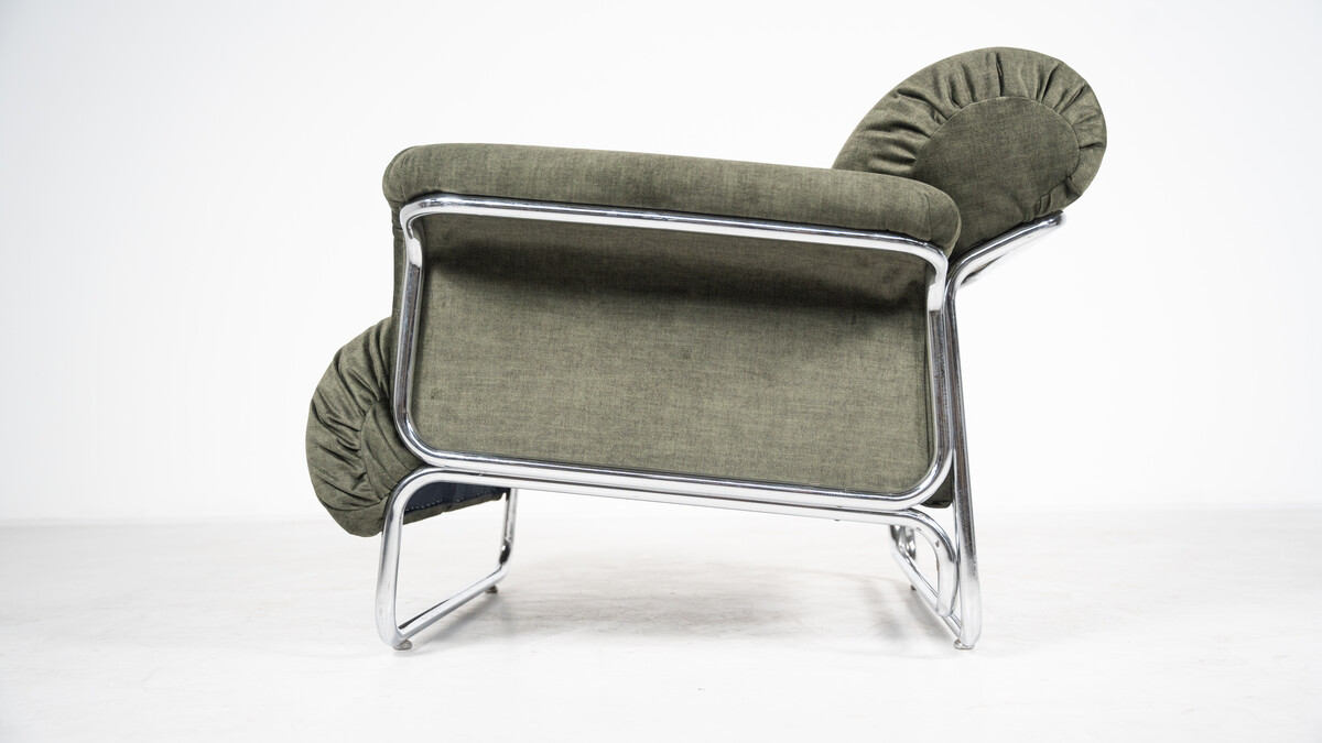 Mid-Century Modern Pair of Armchairs, Chrome and Green Fabric, 1970s