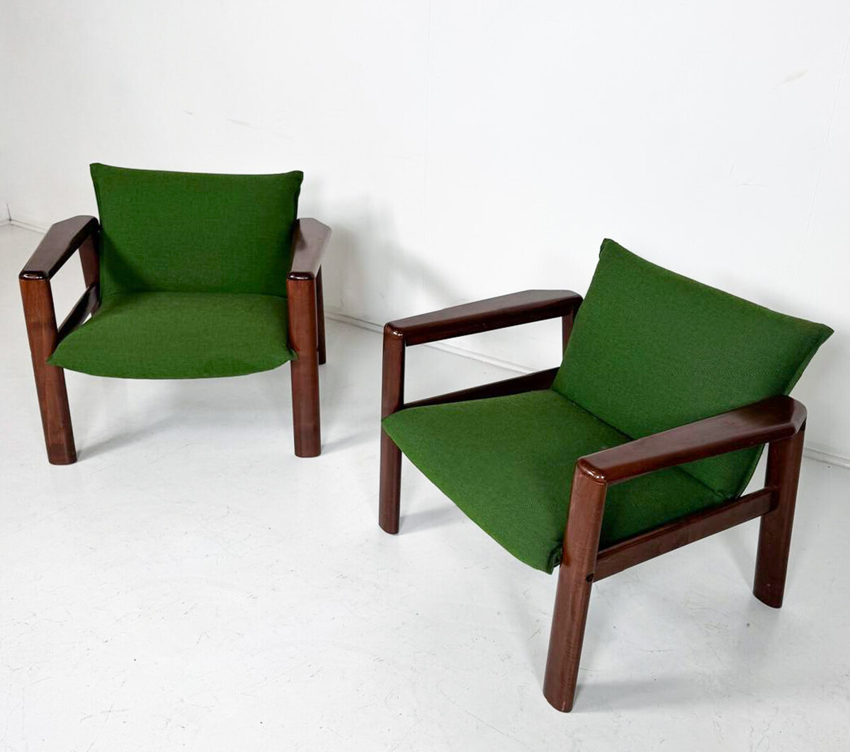 Mid-Century Modern Pair of Armchairs, Green Fabric and Wood, Italy, 1960s