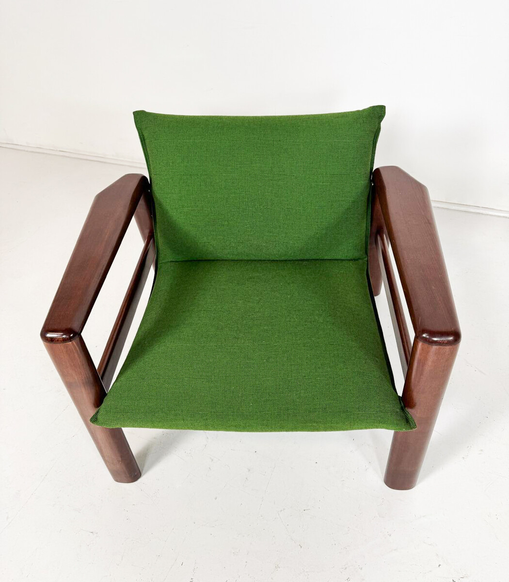 Mid-Century Modern Pair of Armchairs, Green Fabric and Wood, Italy, 1960s