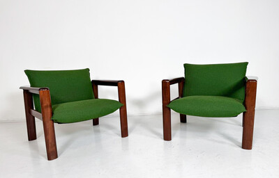 Mid-Century Modern Pair of Armchairs, Green Fabric and Wood, Italy, 1960s