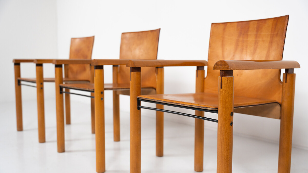 Mid-Century Modern Set of 4 Armchairs, Wood and Leather, Italy, 1960S