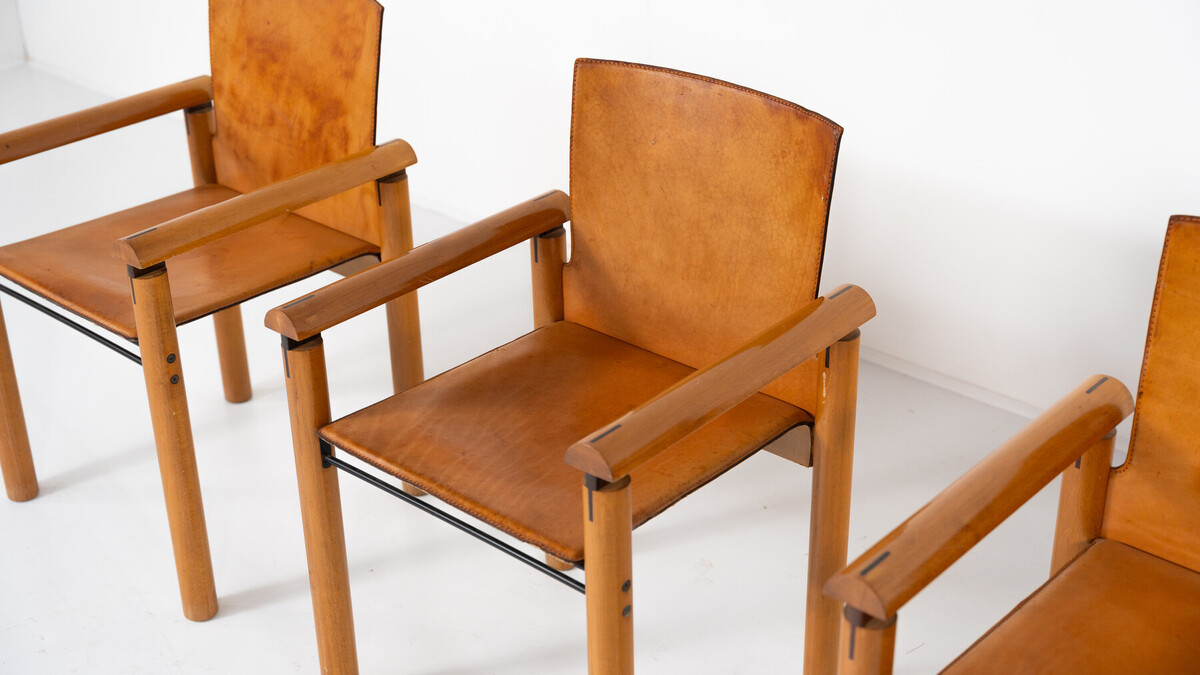 Mid-Century Modern Set of 4 Armchairs, Wood and Leather, Italy, 1960S