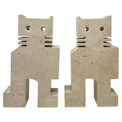 Mid-Century Pair of Cat Bookends by Fratelli Mannelli, Travertine, 1970s