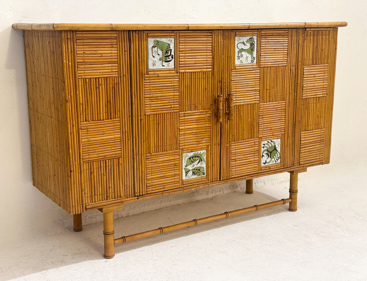 Mid-Century Rattan Sideboard with Zodiac Sign Tiles in the Style of Audoux & Minet, 1950s