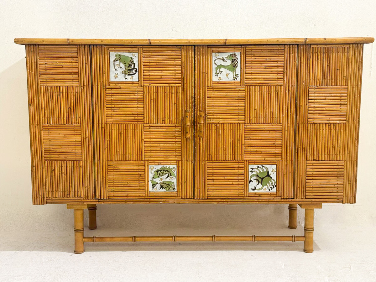 Mid-Century Rattan Sideboard with Zodiac Sign Tiles in the Style of Audoux & Minet, 1950s