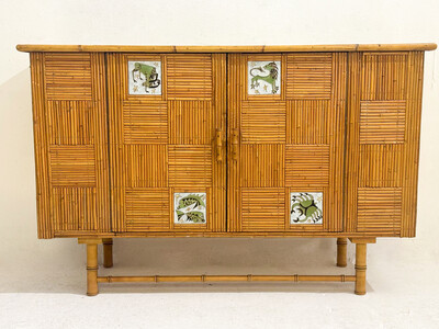 Mid-Century Rattan Sideboard with Zodiac Sign Tiles in the Style of Audoux & Minet, 1950s