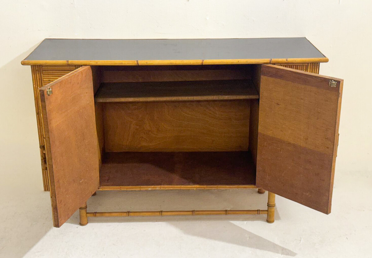 Mid-Century Rattan Sideboard with Zodiac Sign Tiles in the Style of Audoux & Minet, 1950s