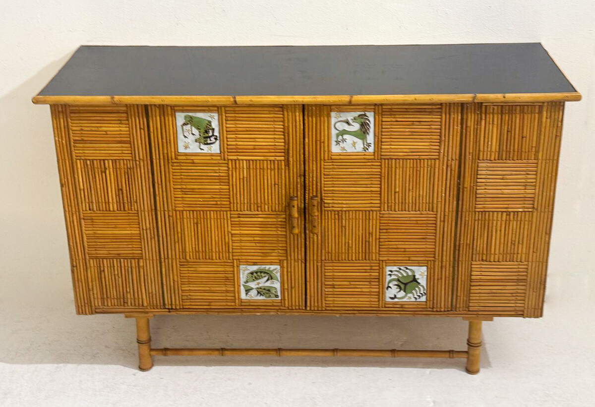 Mid-Century Rattan Sideboard with Zodiac Sign Tiles in the Style of Audoux & Minet, 1950s