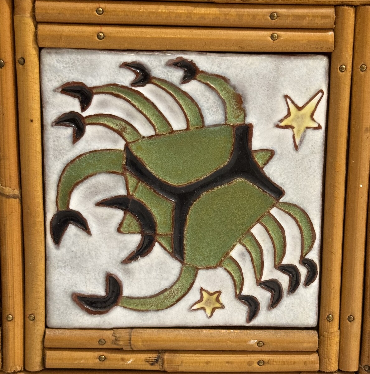 Mid-Century Rattan Sideboard with Zodiac Sign Tiles in the Style of Audoux & Minet, 1950s