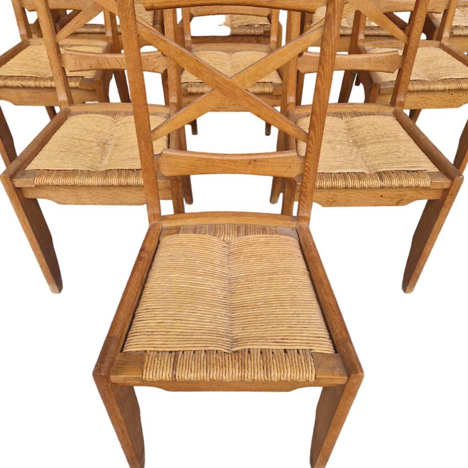 Mid Century straw dining chairs by Guillerme et Chambron, set of 11