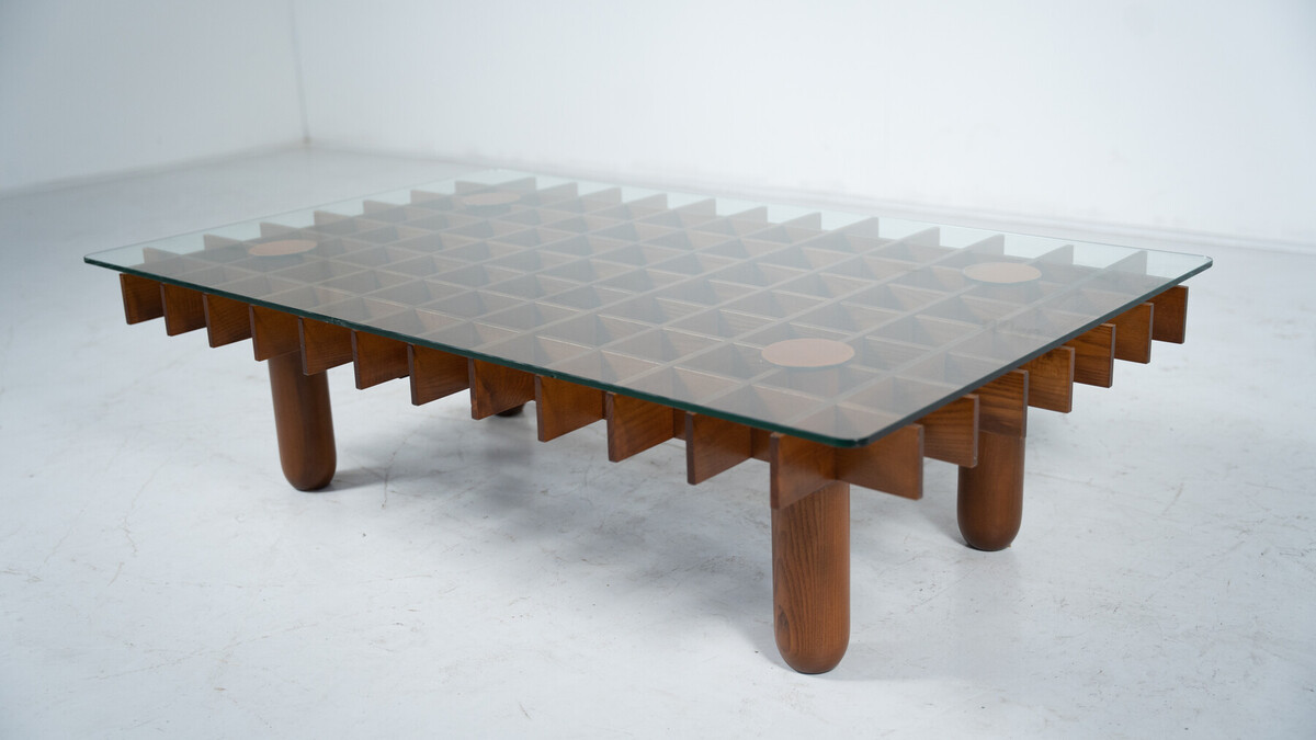 Mid-Century Wood and Glass Coffee Table in the style of Gianfranco Frattini, Italy, 1970s