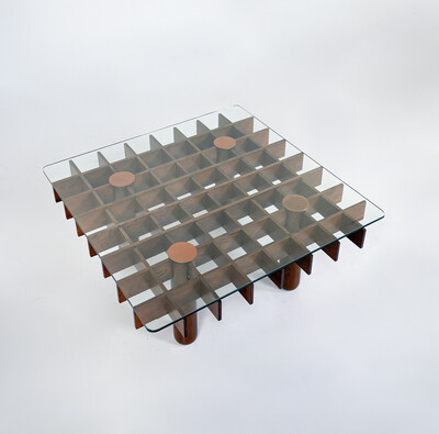 Mid-Century Wood and Glass Square Coffee Table in the style of Gianfranco Frattini, Italy, 1970s