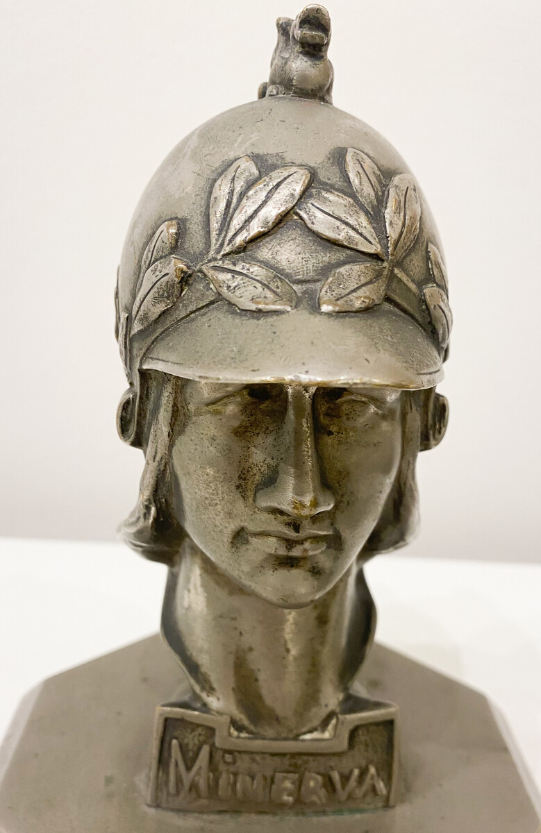 Minerva mascot in metal after Pierre de Soete, base added, 1930, Belgium