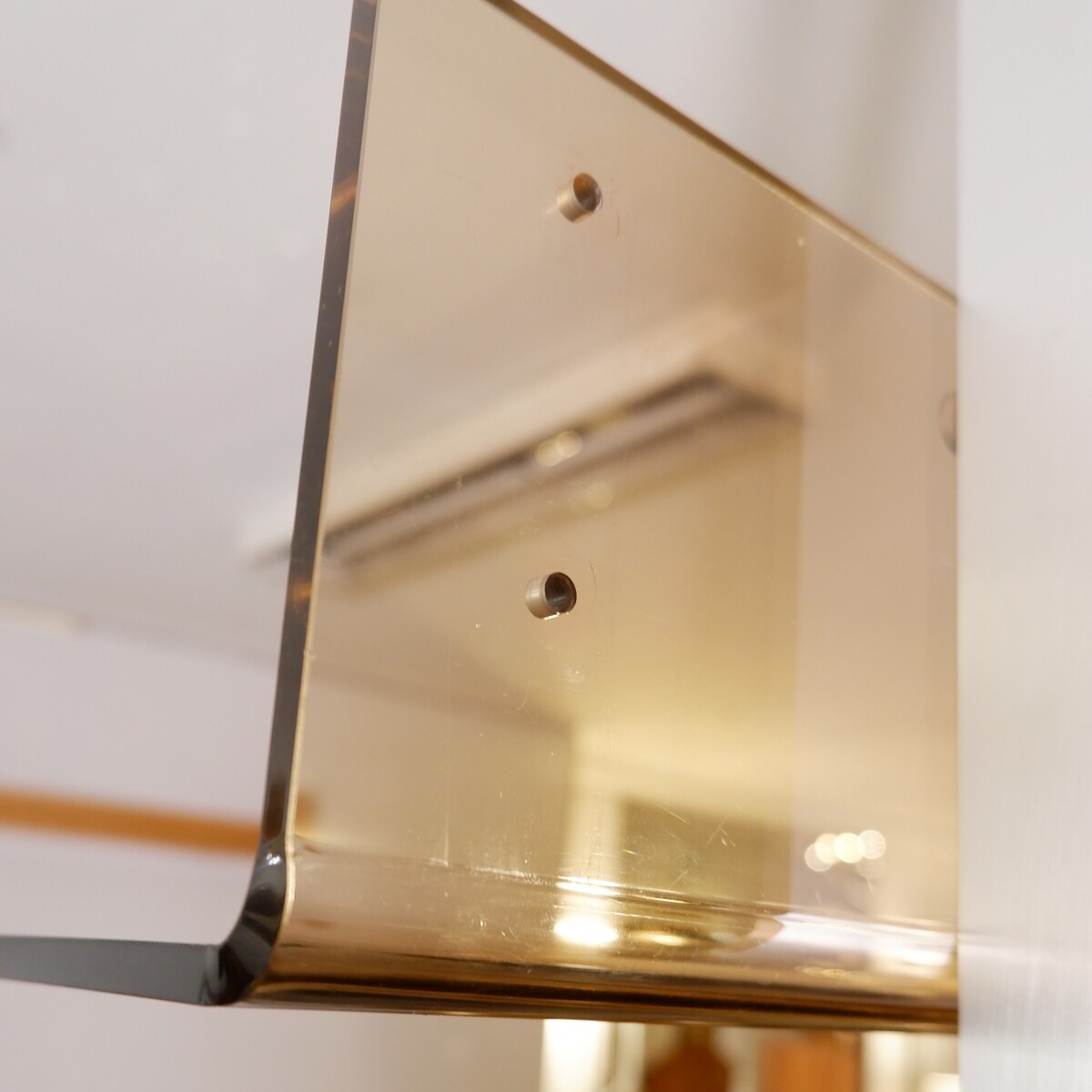 modular floor/ceiling shelf in brushed metal and acrylic in the spirit of Michel Ducaroy