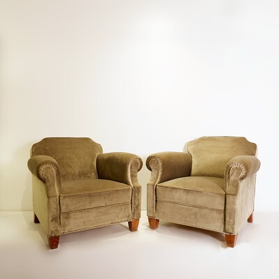 Pair of art deco armchairs - original green velvet