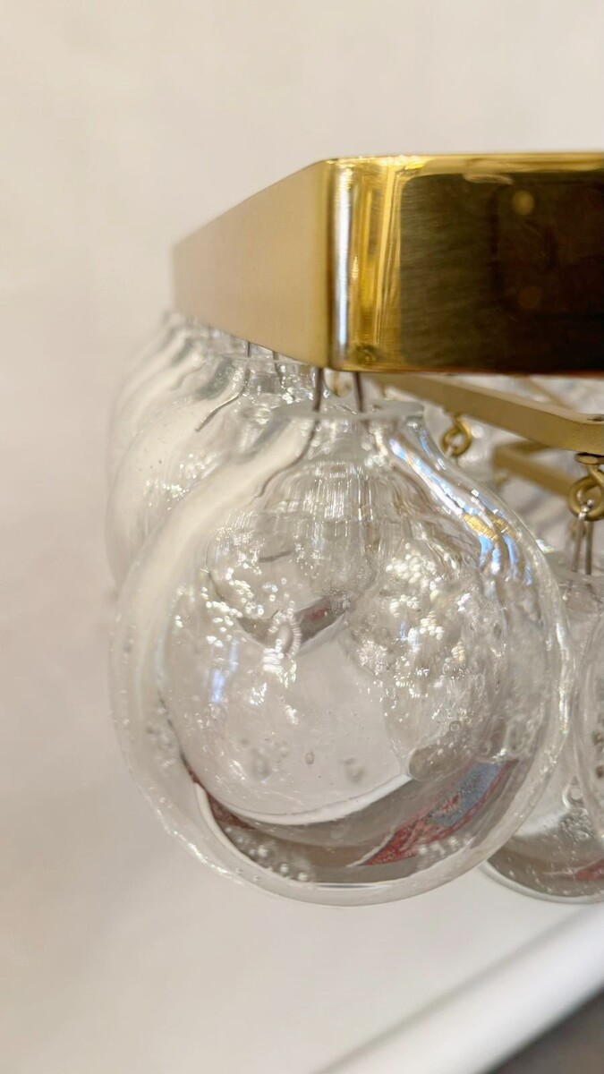 Pair Of Chandeliers, Glass Balls And Brass, Circa 1980