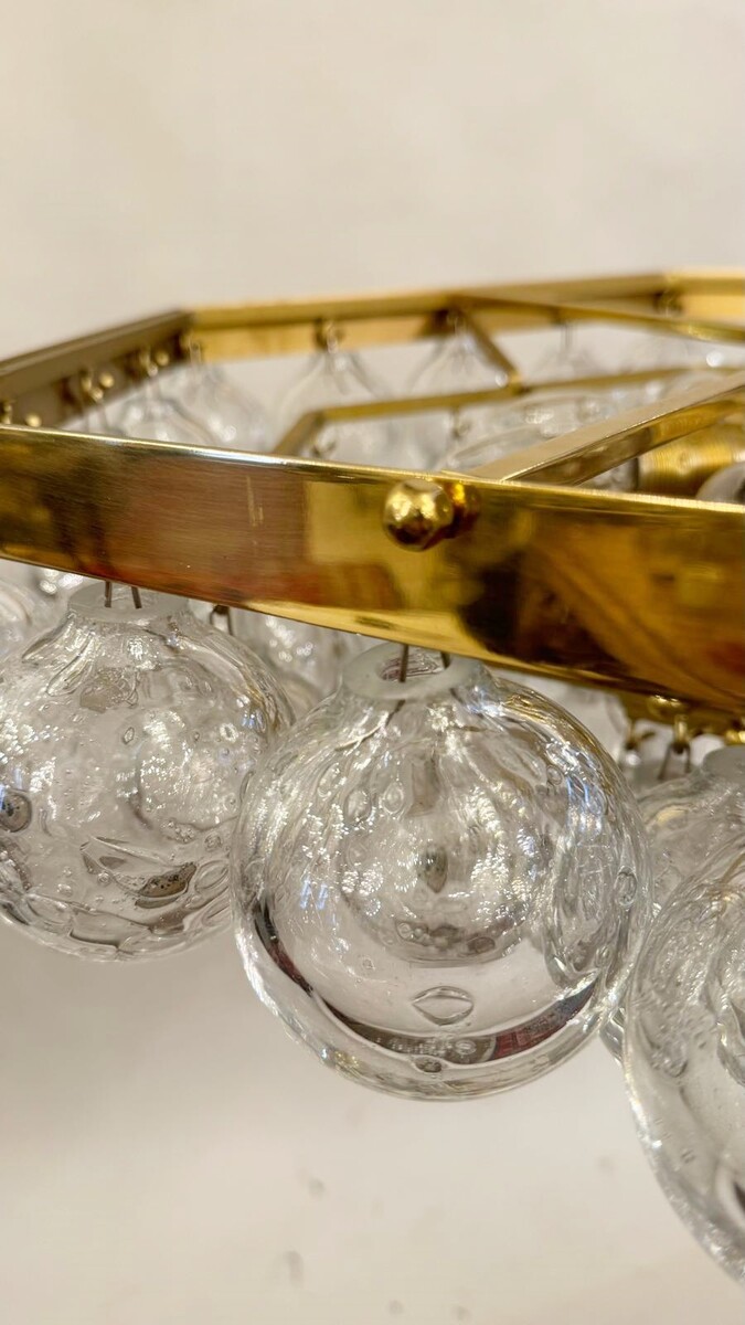 Pair Of Chandeliers, Glass Balls And Brass, Circa 1980