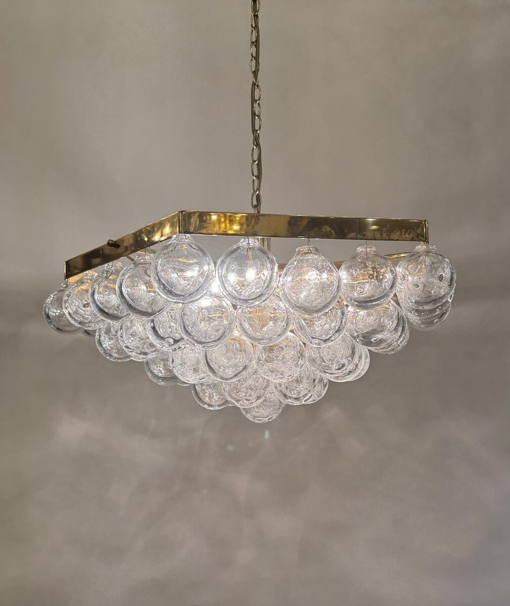 Pair Of Chandeliers, Glass Balls And Brass, Circa 1980