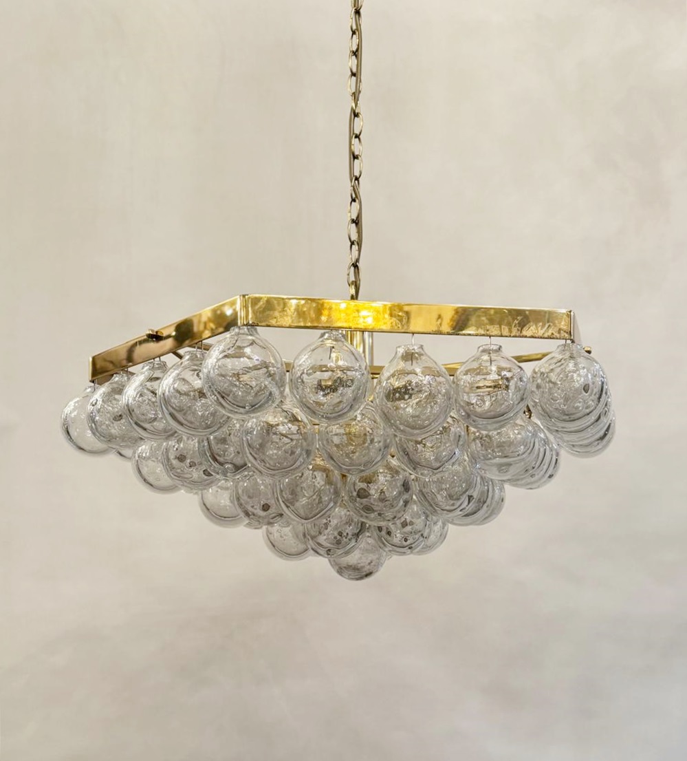 Pair Of Chandeliers, Glass Balls And Brass, Circa 1980