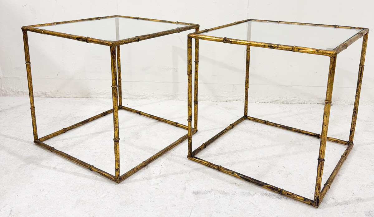 Pair of side tables in glass cube and gold metal imitation bamboo, in the style of Maison Baguès, Mid-century-Modern, France