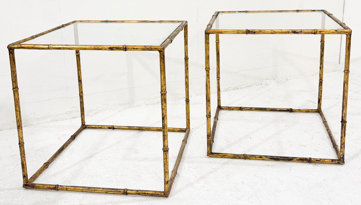 Pair of side tables in glass cube and gold metal imitation bamboo, in the style of Maison Baguès, Mid-century-Modern, France