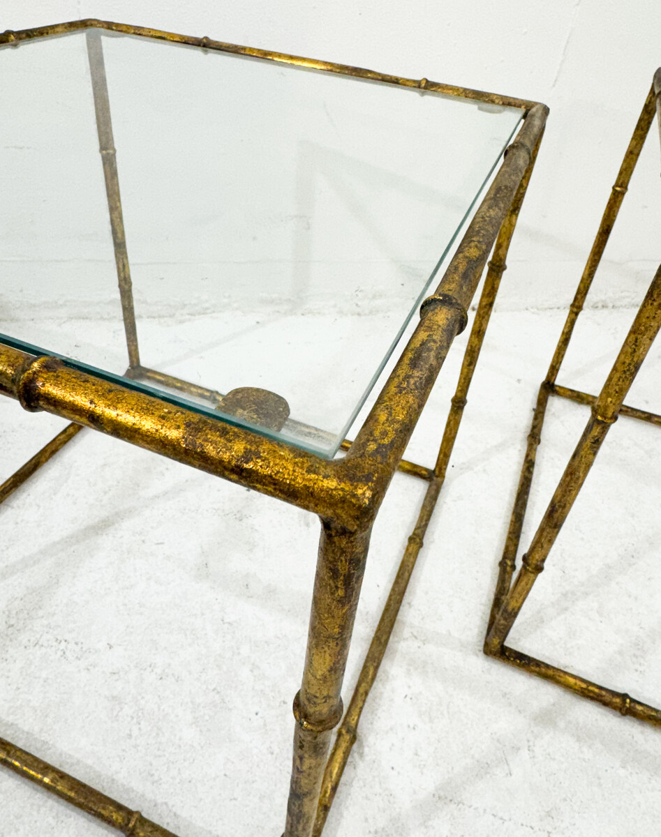 Pair of side tables in glass cube and gold metal imitation bamboo, in the style of Maison Baguès, Mid-century-Modern, France