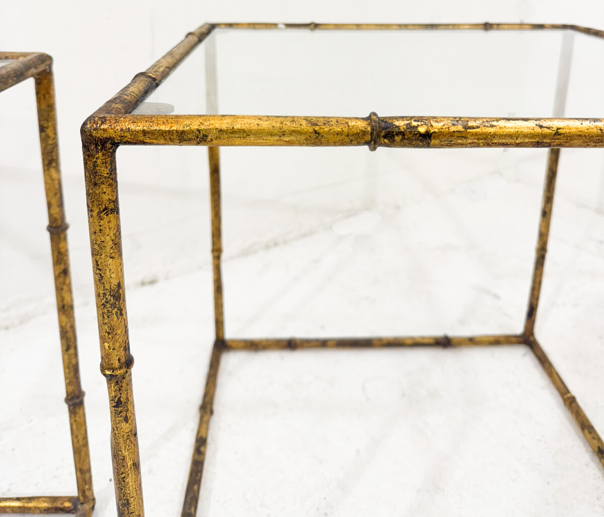 Pair of side tables in glass cube and gold metal imitation bamboo, in the style of Maison Baguès, Mid-century-Modern, France