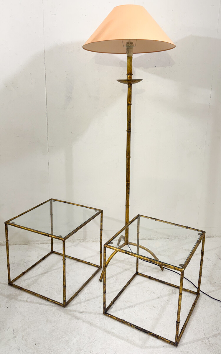 Pair of side tables in glass cube and gold metal imitation bamboo, in the style of Maison Baguès, Mid-century-Modern, France