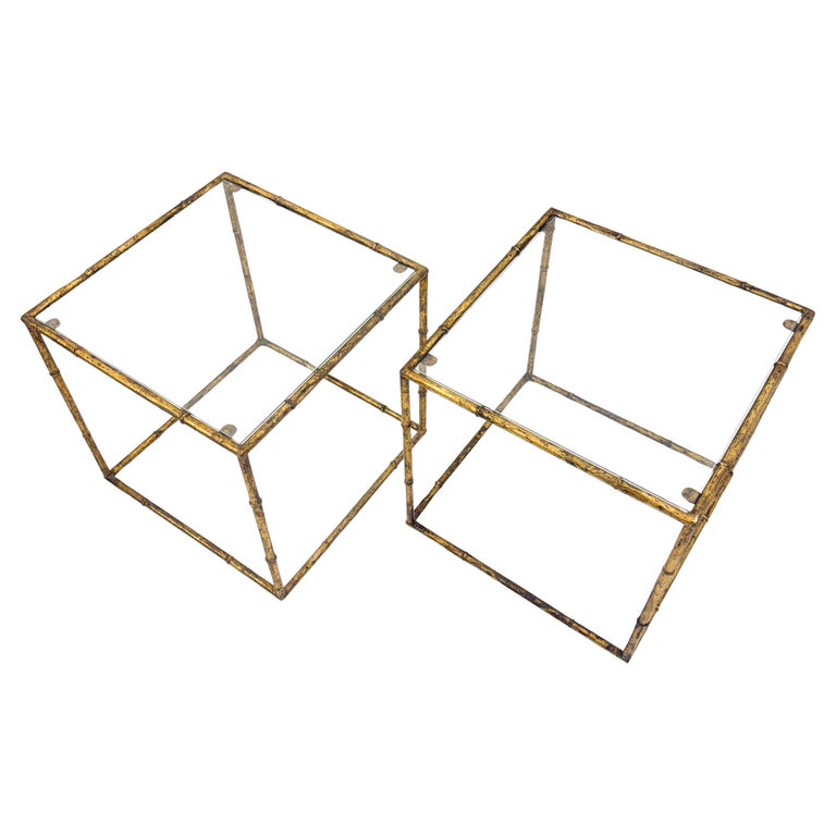 Pair of side tables in glass cube and gold metal imitation bamboo, in the style of Maison Baguès, Mid-century-Modern, France