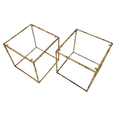 Pair of side tables in glass cube and gold metal imitation bamboo, in the style of Maison Baguès, Mid-century-Modern, France