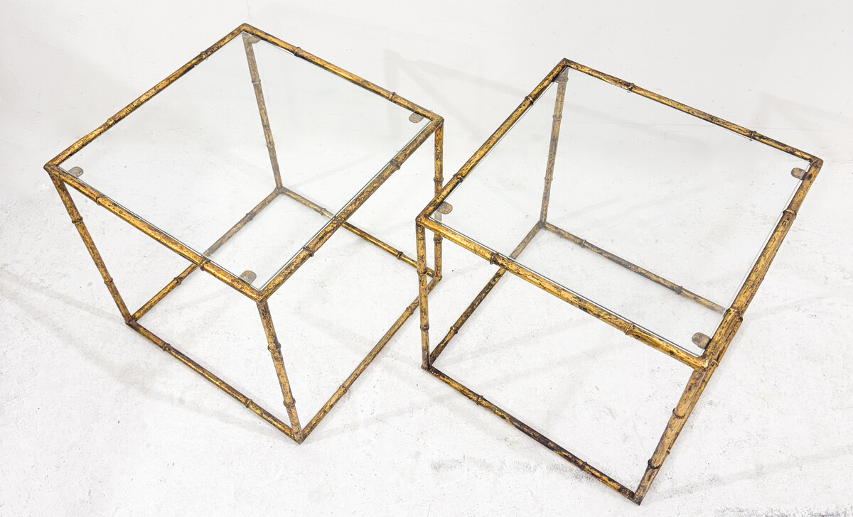 Pair of side tables in glass cube and gold metal imitation bamboo, in the style of Maison Baguès, Mid-century-Modern, France