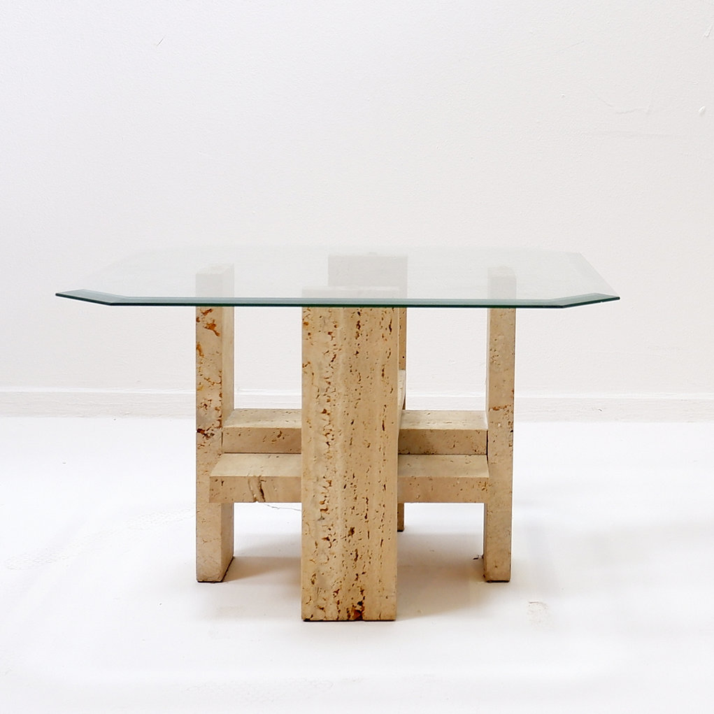 Pair of Travertine and Glass End Tables by Willy Ballez, Belgium, 1970's