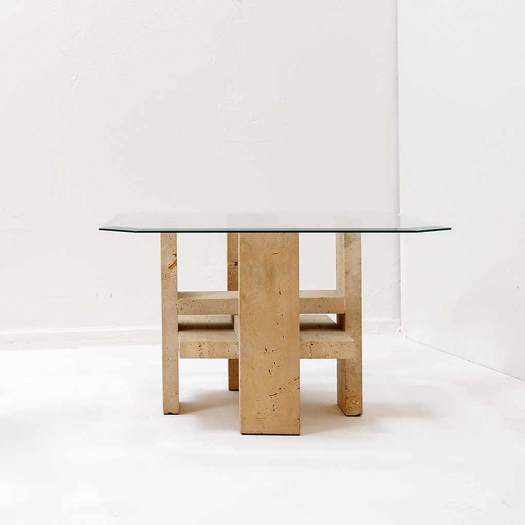 Pair of Travertine and Glass End Tables by Willy Ballez, Belgium, 1970's