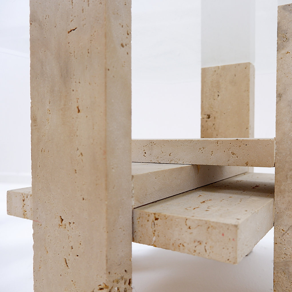 Pair of Travertine and Glass End Tables by Willy Ballez, Belgium, 1970's