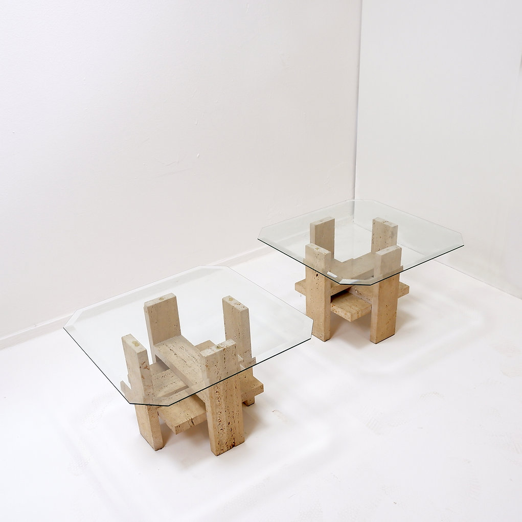 Pair of Travertine and Glass End Tables by Willy Ballez, Belgium, 1970's