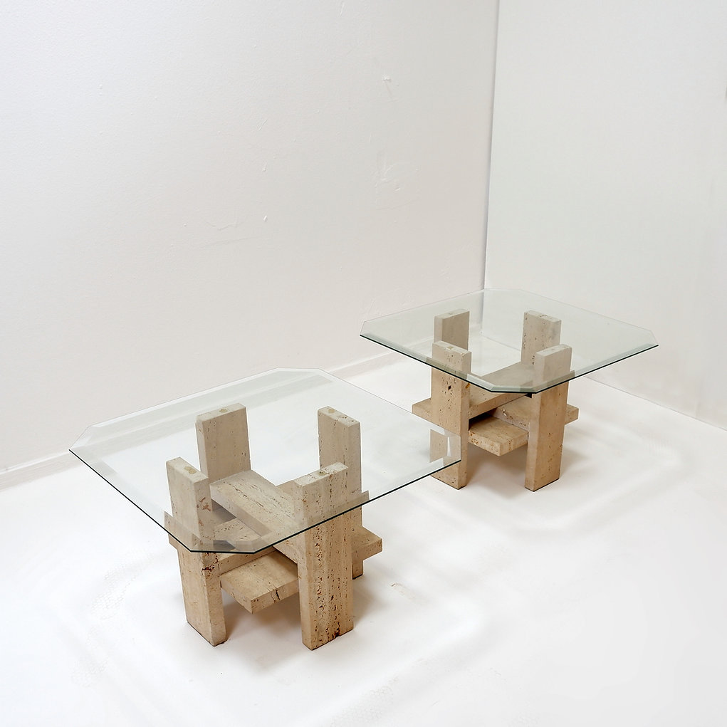 Pair of Travertine and Glass End Tables by Willy Ballez, Belgium, 1970's