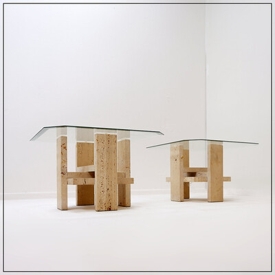 Pair of Travertine and Glass End Tables by Willy Ballez, Belgium, 1970's