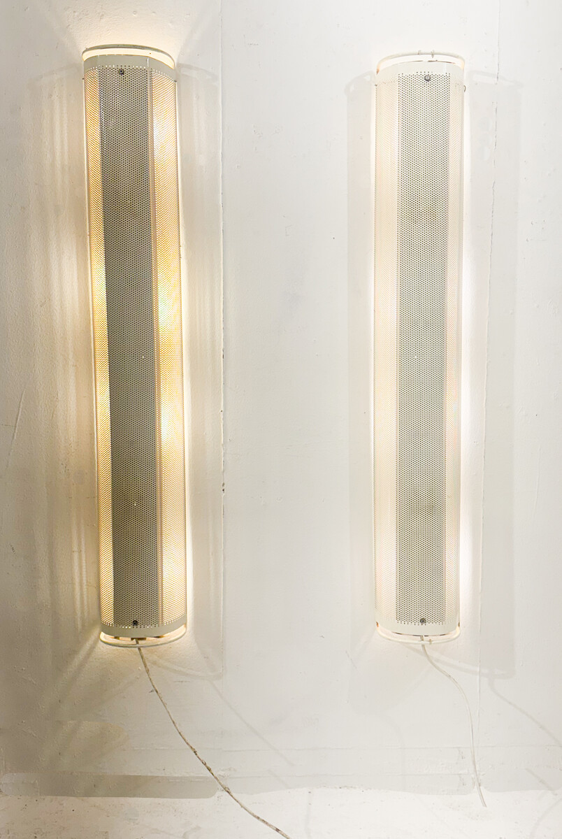 Pair of white perforated metal wall lights, 1980, France