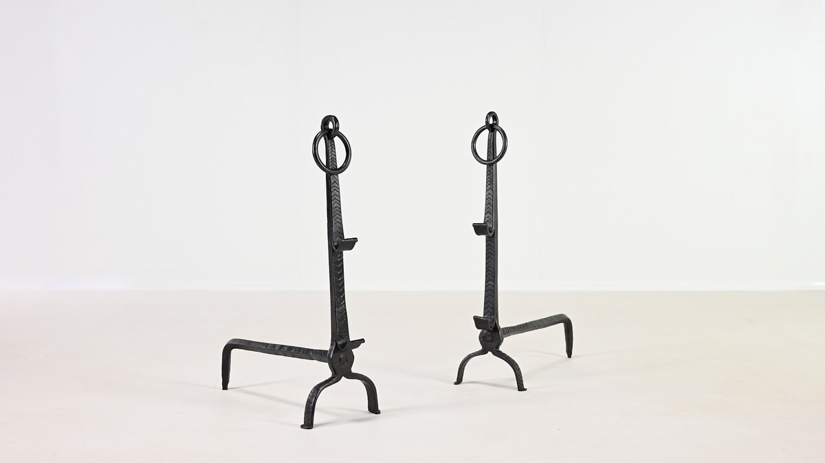 Pair of Wrought Iron Andirons, France, 18th century