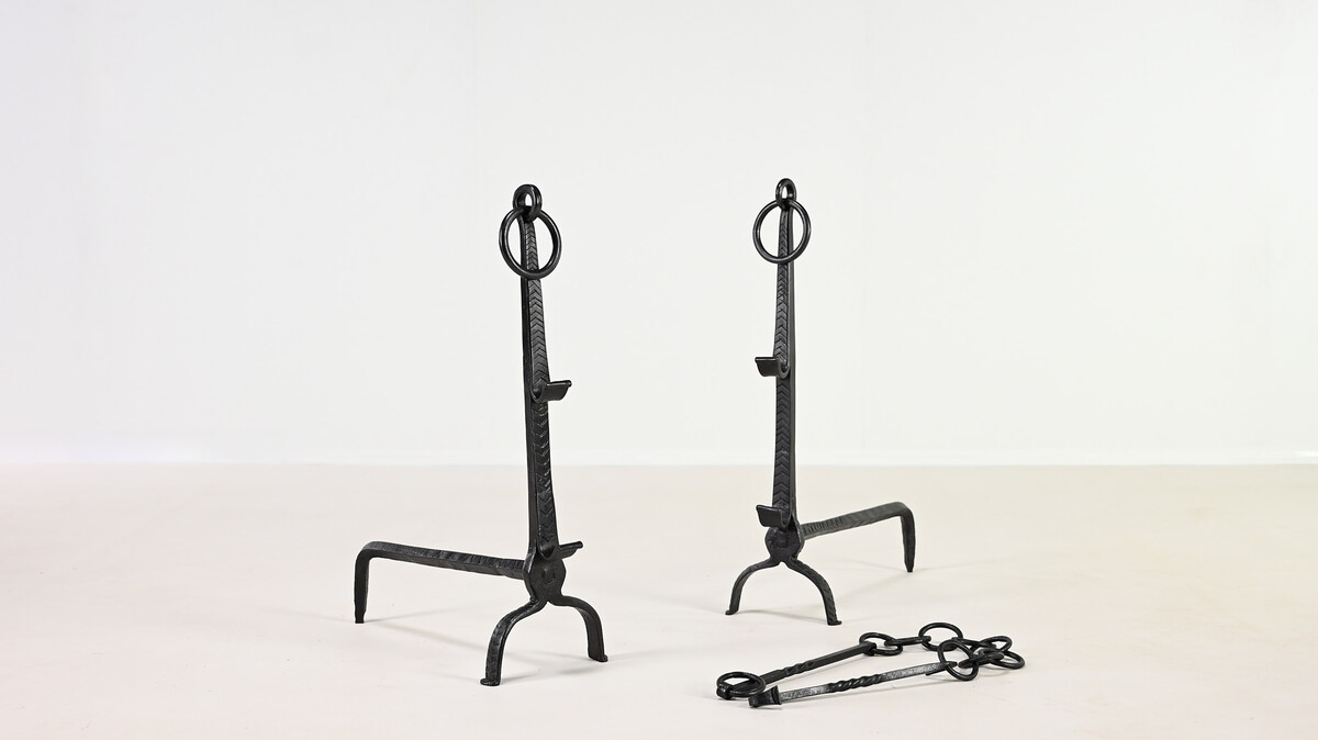 Pair of Wrought Iron Andirons, France, 18th century