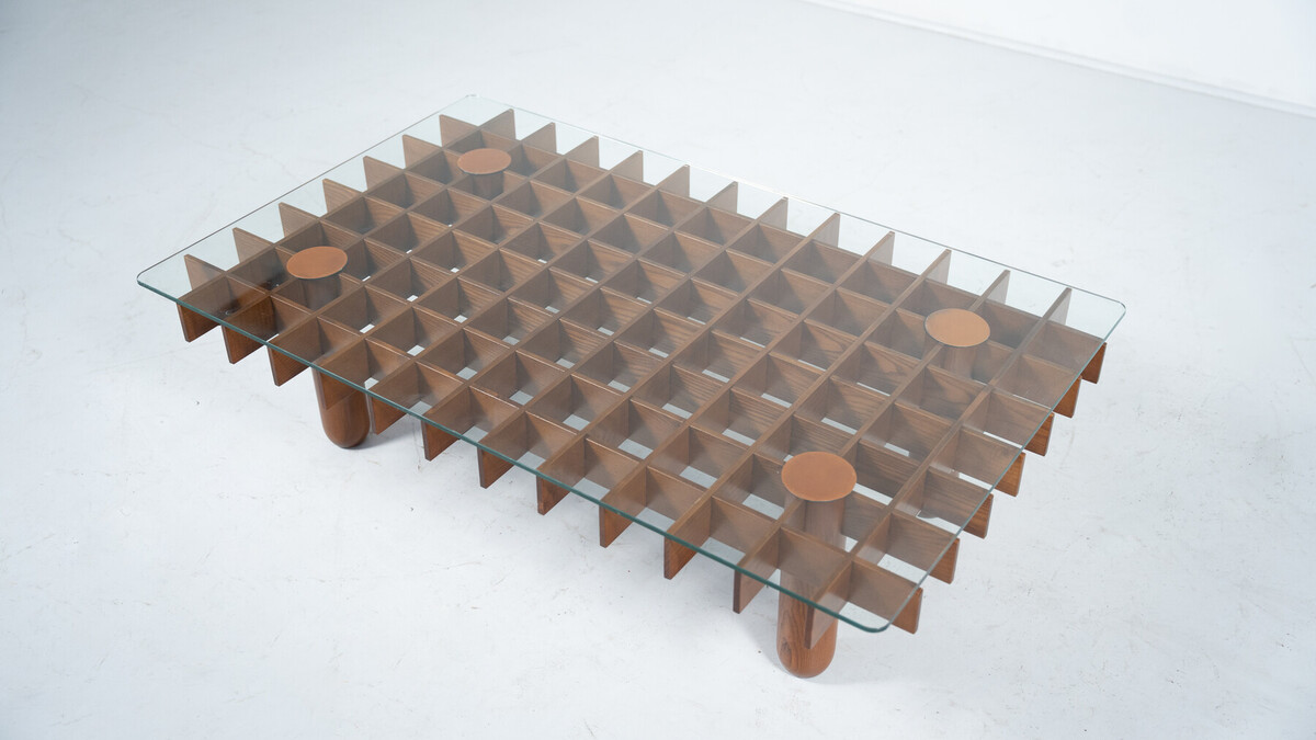 Previous                                           Next Mid-Century Wood and Glass Coffee Table in the style of Gianfranco Frattini, Italy, 1970s