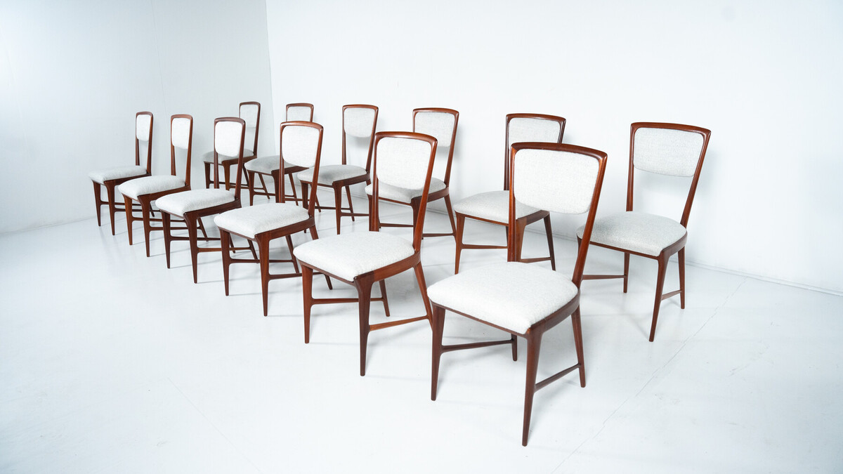 Set of 12 Chairs attributed to Ico Parisi, Wood and Fabric,Italy, 1960s