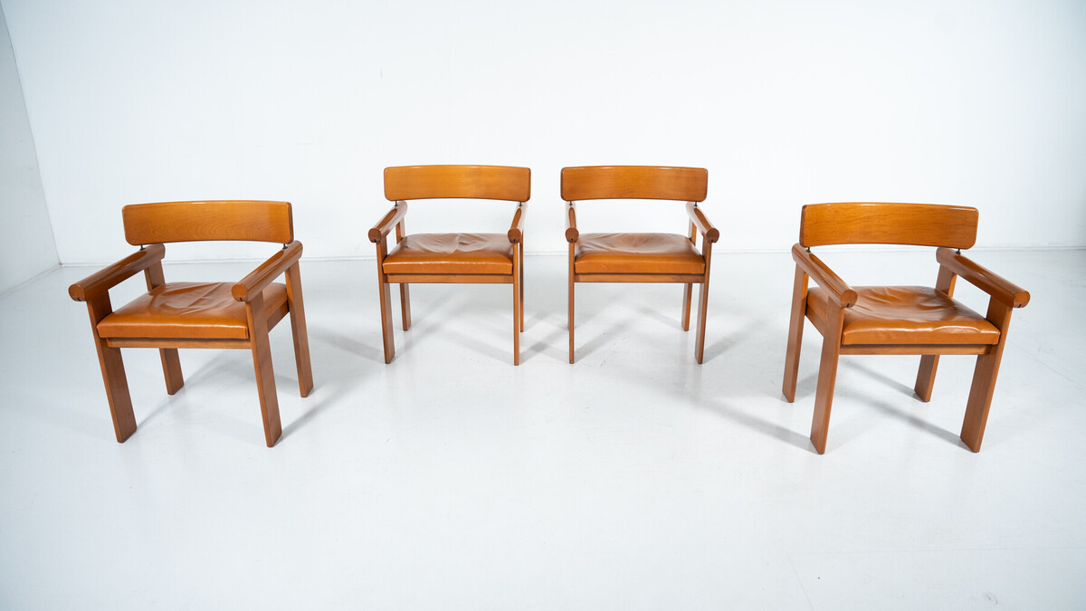 Set of 4 Architectural Armchairs, cognac leather, Italy