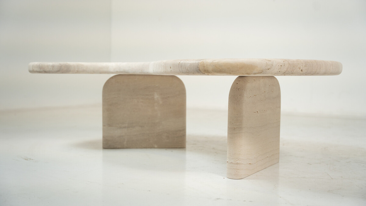 Small Bean Shaped Travertine Coffee Table, Contemporary