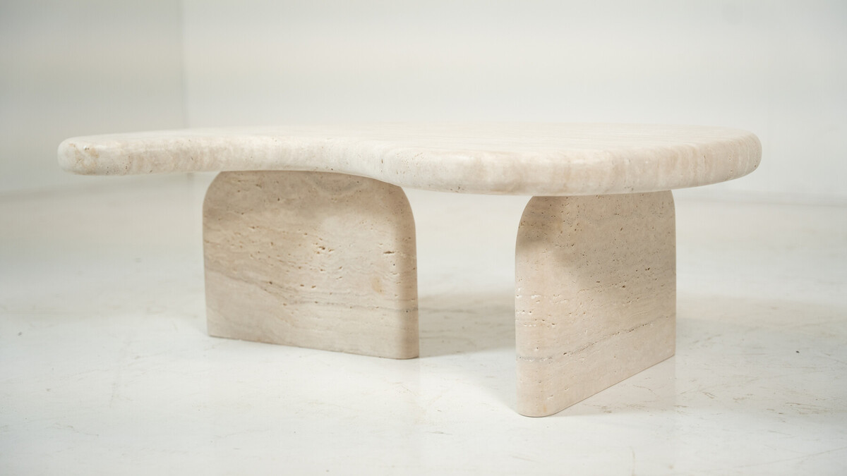 Small Bean Shaped Travertine Coffee Table, Contemporary