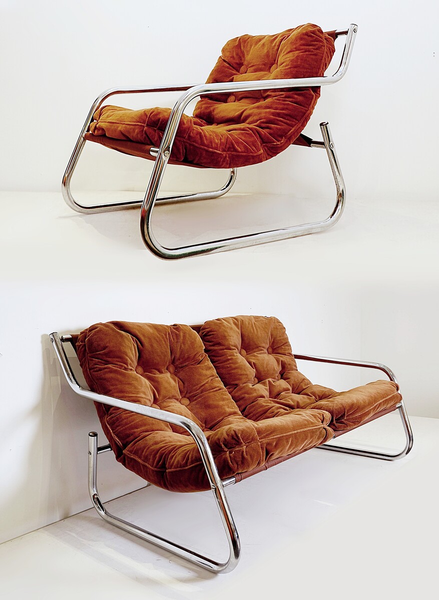 Tubular chrome seating set 1970s (sofa & armchair)