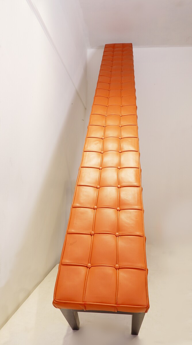 Very long wood and quilted cognac leather bench - 317cm